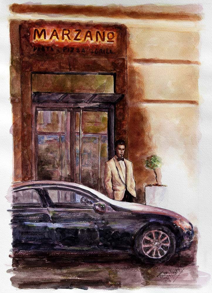 watercolour sketch, Marzano Restaurant in Larnaca Cyprus by Theo Michael