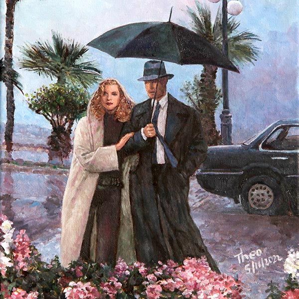 oil painting Larnaca promenade in the rain by Theo Michael