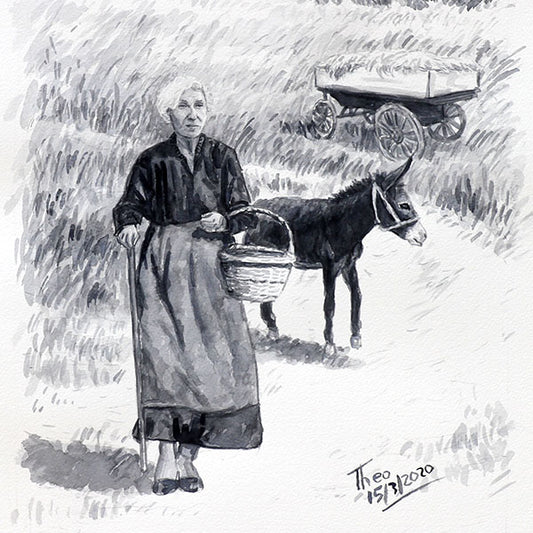 Watercolour sketch, Old Lady With Basket