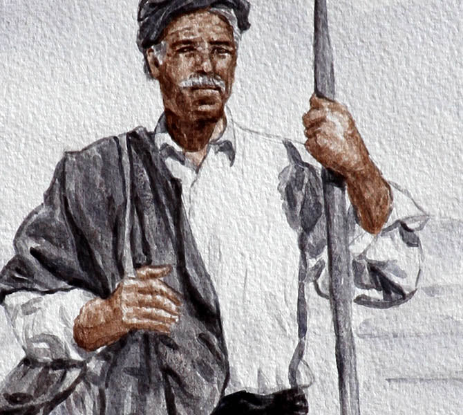 Watercolour painting by Theo Michael, detail The Shepherd