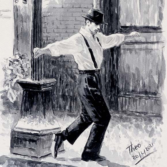 Watercolour sketch Dancing In The Rain by Theo Michael