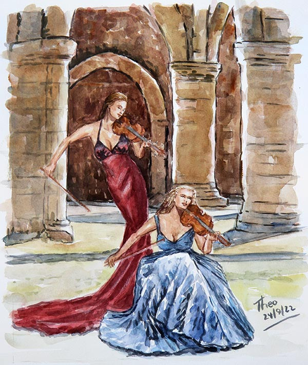 watercolour painting of two violinists making music outside a church by Theo Michael