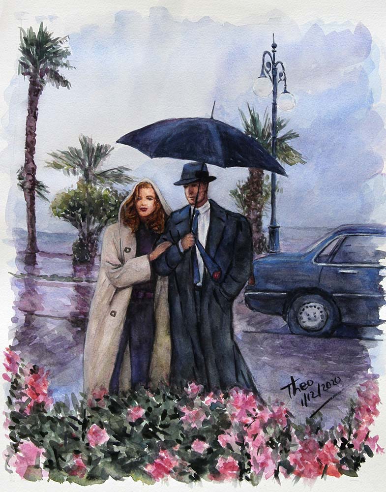 watercolour painting, Larnaca promenade by Theo Michael