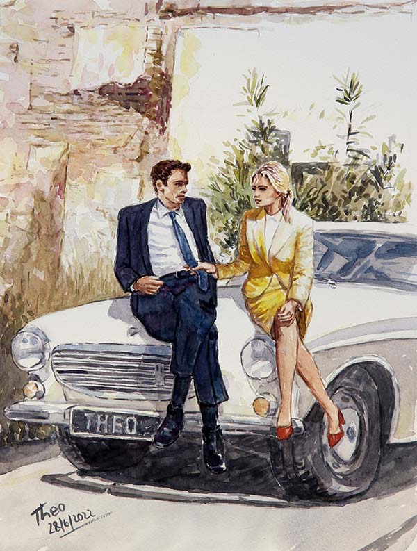 Watercolour painting, The Classic Volvo by Theo Michael