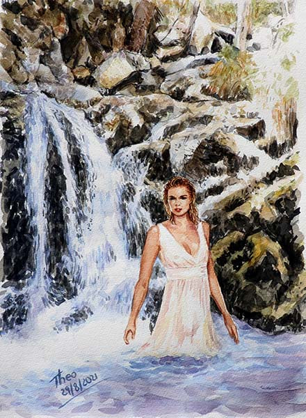 watercolour painting, Caledonia Waterfall Cyprus by Theo Michael