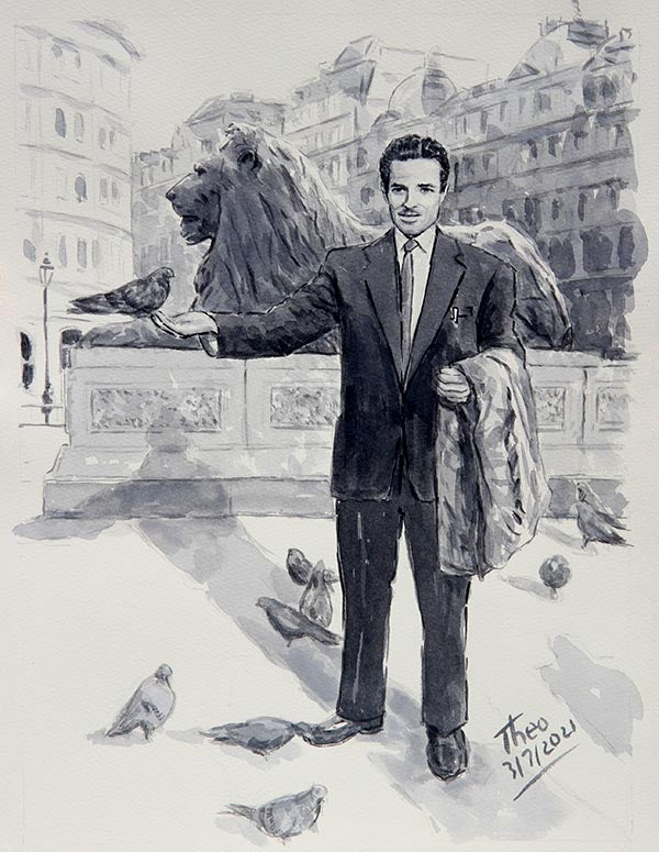 Trafalgar Square watercolour sketch a nostalgic painting by Theo Michael pigeons of Trafalgar Square