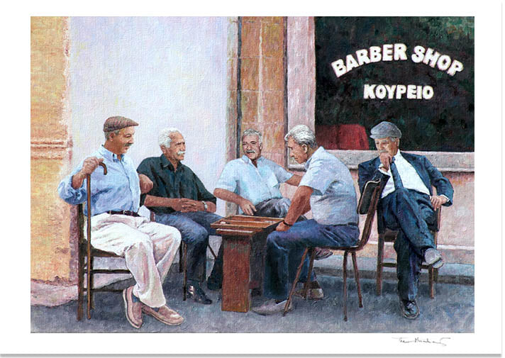 Traditional Cyprus painting, The Backgammon Players Fine Art Print by Theo Michael