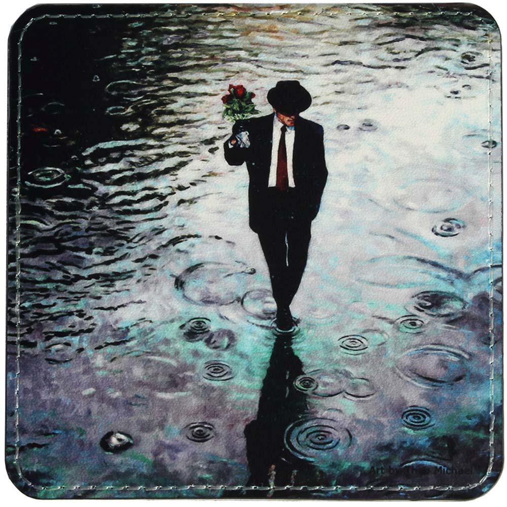 leather coaster unique art design inspired by the painting Romance Isn't Dead by Theo Michael