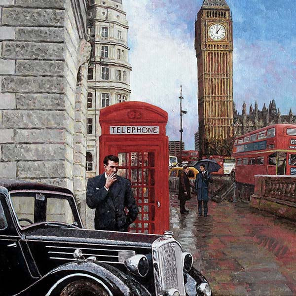 oil painting Big Ben, a nostalgic London street scene of red buses, telephone boxes and classic cars