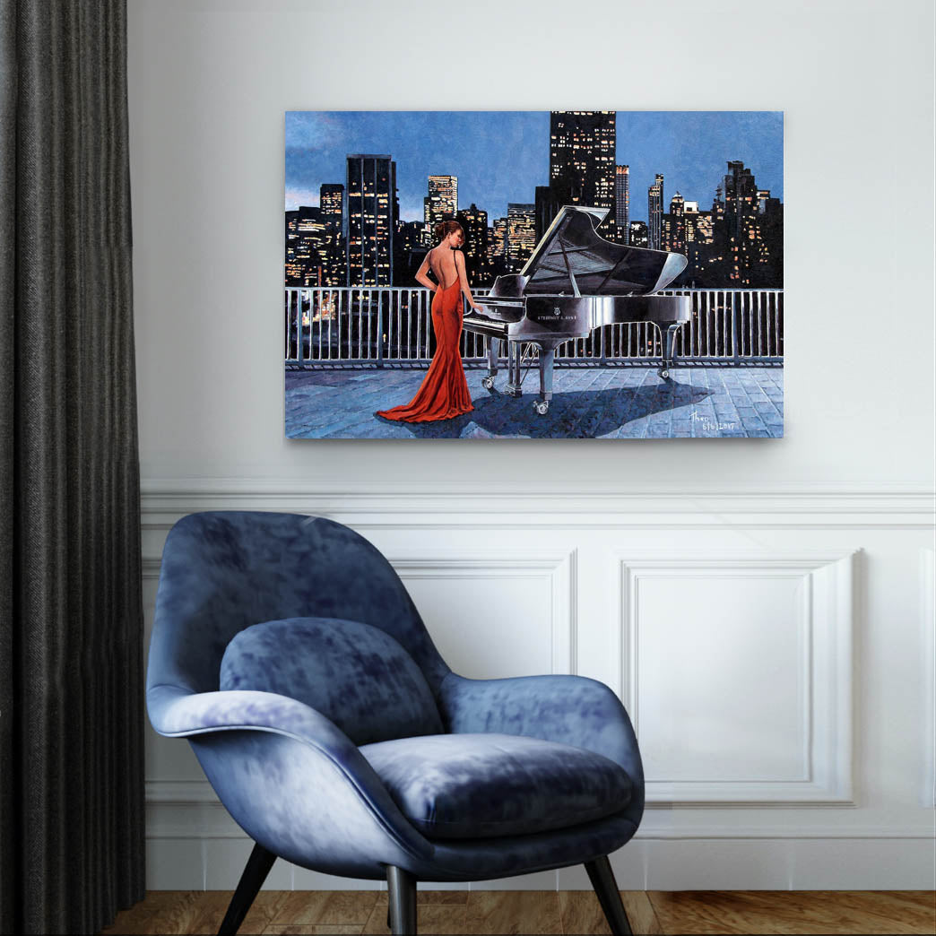 art noir painting Pianist On The Roof by Theo Michael