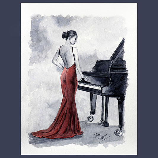 Watercolour sketch, Pianist On The Roof