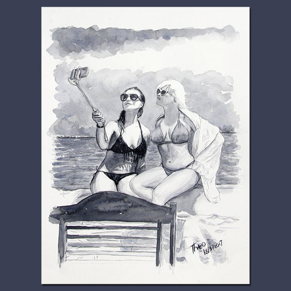 Original paintings Theo Michael, watercolour study The Selfie