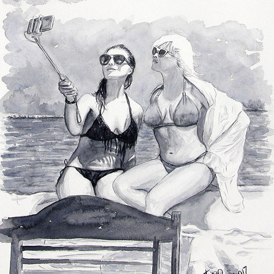 Original watercolour by Theo Michael, The Selfie