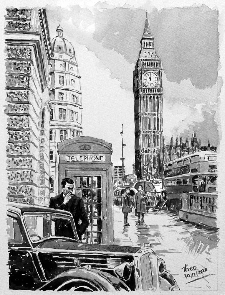 Watercolour painting, London Big Ben by Theo Michael