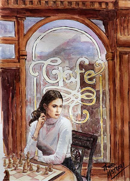 Watercolour painting playing chess at a cafe by Theo Michael