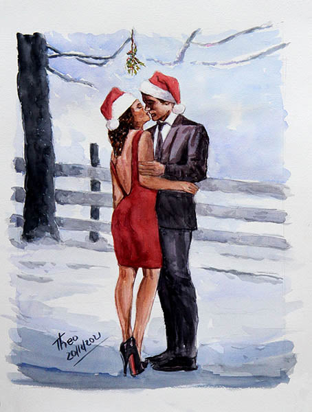 watercolour painting by theo michael The Kiss In The Snow