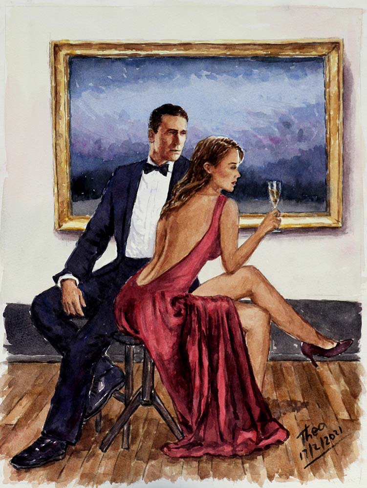 watercolour painting, The Art Collector an original painting by Theo Michael