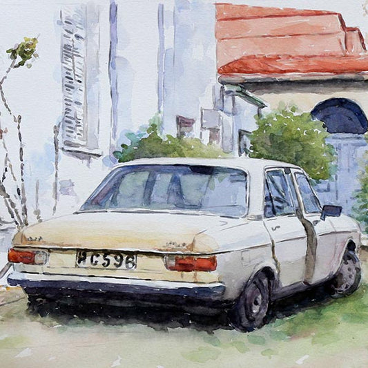 watercolour painting the volvo a classic car by Theo Michael