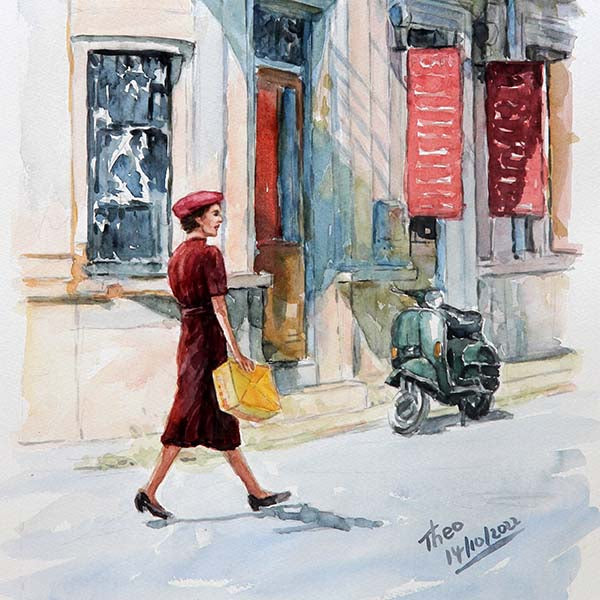 watercolour painting The Vespa in Larnaca by Theo Michael