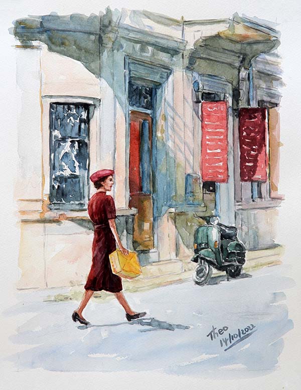 watercolour painting The Vespa  by Theo Michael in Larnaca