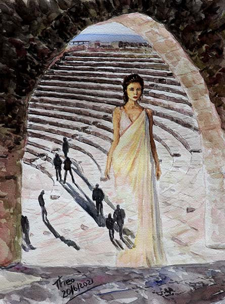 watercolour painting Amphitheatre Kourion in Cyprus by Theo Michael
