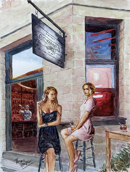 watercolour painting, cocktail bar Old Market  in Larnaca by Theo Michael