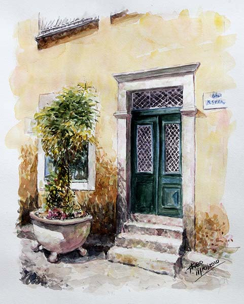 watercolour painting, green door in Cyprus by Theo Michael
