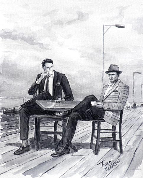 The Coffee Break, watercolour sketch featuring Larnaca Marina by Theo Michael