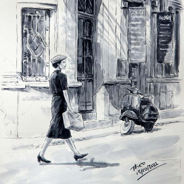 watercolour sketch, The Vespa by Theo Michael