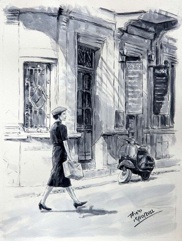 watercolour sketch, The Vespa by Theo Michael featuring Larnaca town