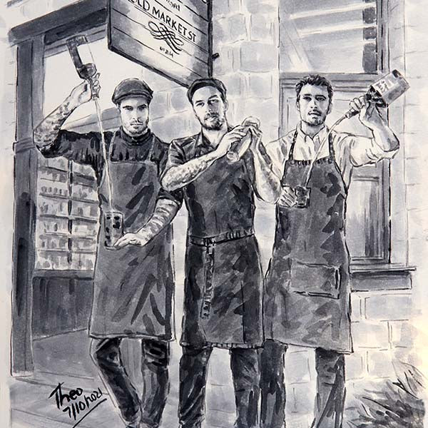 watercolour sketch, cocktail bar Old Market in Larnaca by Theo Michael