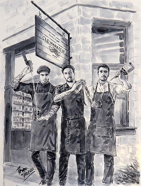 Old Market cocktail bar Larnaca, watercolour sketch by Theo Michael