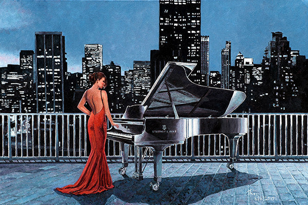 Art Noir, Pianist On The Roof, an oil painting by the artist Theo Michael