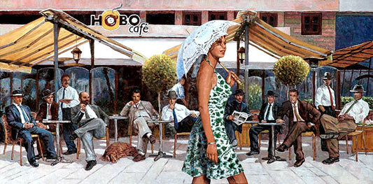 Cafe Painting Hobo Cafe in Larnaca by Theo Michael featuring a beautiful woman strolling along the seafront palm tree promenade 