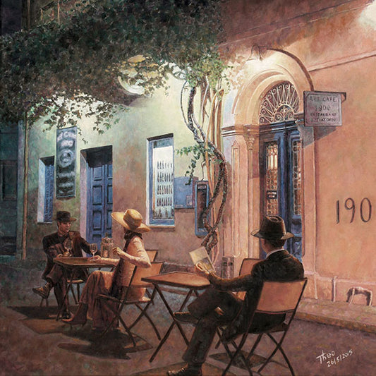 Cafe painting by Theo Michael, an oil painting depicting the exterior of a restaurant and bar in Cyprus