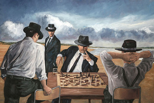 Chess painting by Theo Michael, four guys enjoying a chess game by the beach