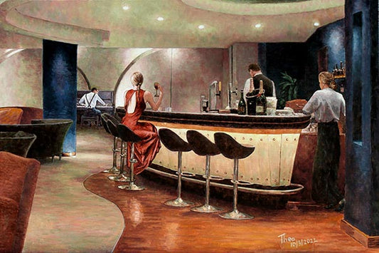 Edward Hopper style painting, Alone At The Bar by Theo Michael
