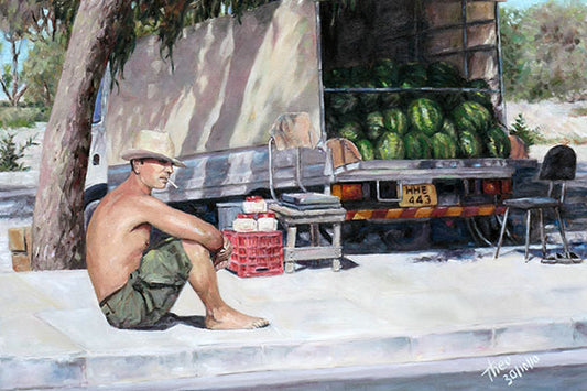 The Melon Seller by artist Theo Michael, a typical scene of a Larnaca street vendor
