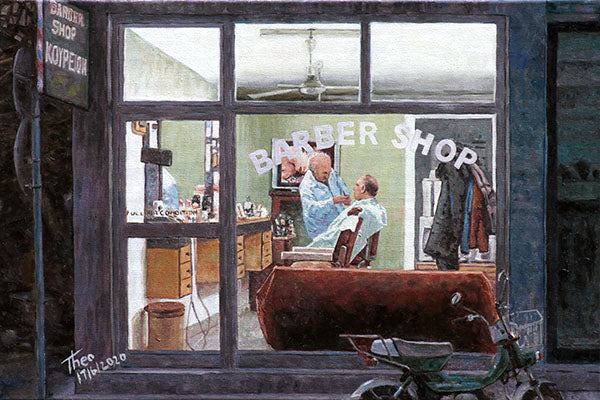 Edward Hopper style oil painting, The Barbershop by Theo Michael