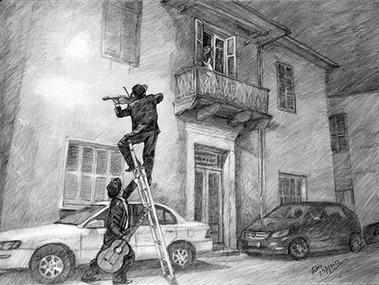 pencil drawing inspired by Carl Spitzweg titled Serenade by Theo Michael