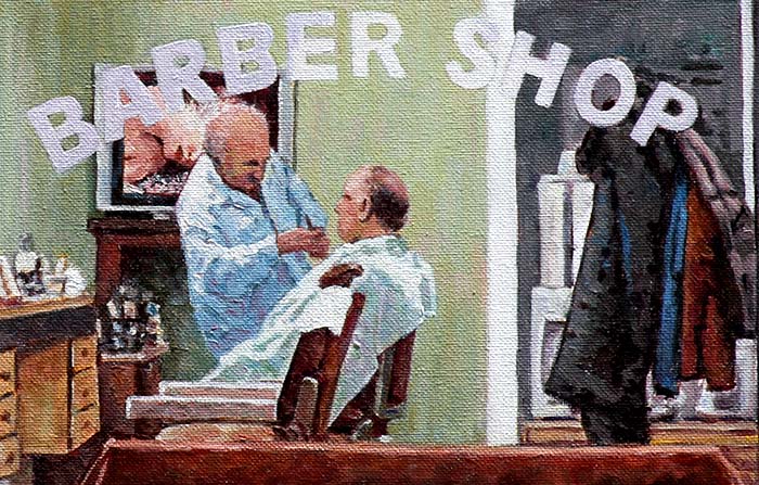 Edward Hopper style painting, The Barbershop by Theo Michael