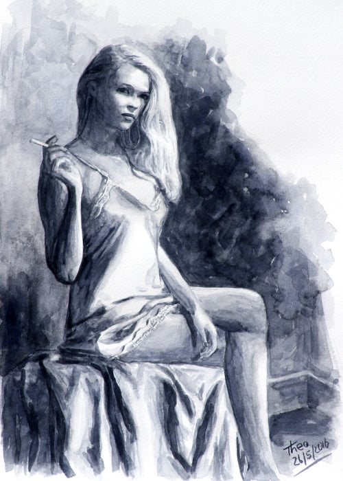 Watercolour sketch titled Dressed In Silk by Theo Michael