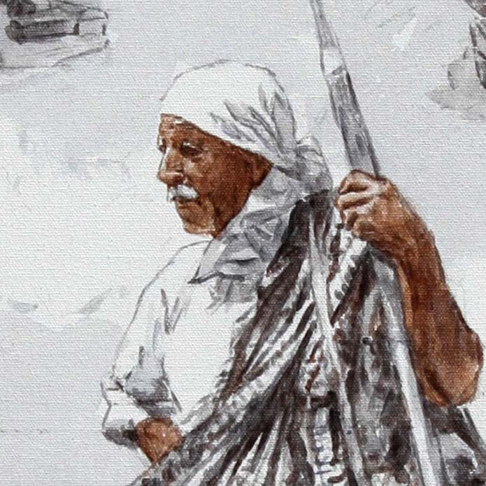 Detail of a canvas  painting by Theo Michael featuring a monochrome illustration of three figures in a Cyprus landscape, a shepherd standing in the foreground and two traditional crafts people seated above. 