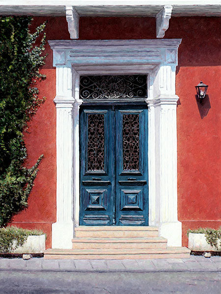 door paintings, blue door in Cyprus an oil painting by Theo Michael