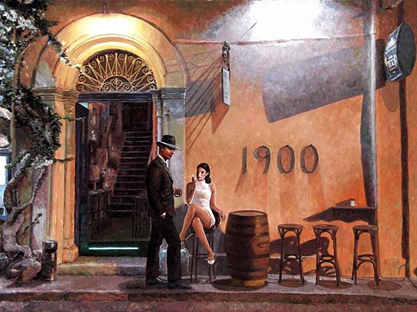 Cafe painting by Theo Michael an oil painting showing The Art Cafe 1900 in Larnaca Cyprus