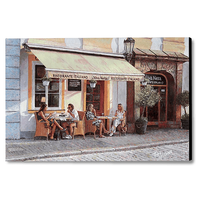 canvas print of an Italian restaurant painting by Theo Michael. Diners enjoy a leisurely meal under the shade of a canopy. The cobblestone street and surrounding potted plants add to the charming European ambiance.