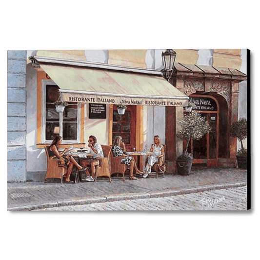 canvas print of an Italian restaurant painting by Theo Michael. Diners enjoy a leisurely meal under the shade of a canopy. The cobblestone street and surrounding potted plants add to the charming European ambiance.