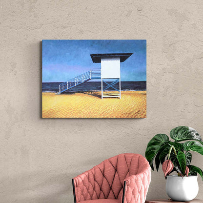 Canvas print of a beach painting of a lifeguard stand, an oil painting by Theo Michael featuring a deserted Cyprus beach