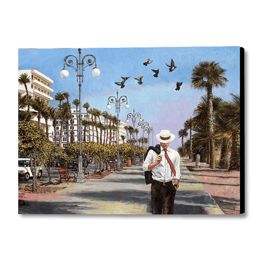 Canvas print of a man walking down a palm tree-lined street with birds flying above, on the seafront promenade in Larnaca Cyprus. An oil painting by Theo Michael.