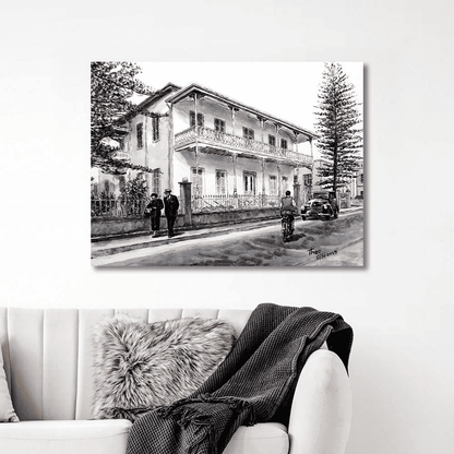Vintage black and white Larnaca painting of a large house, The Pierides Museum in Larnaca by THeo Michael